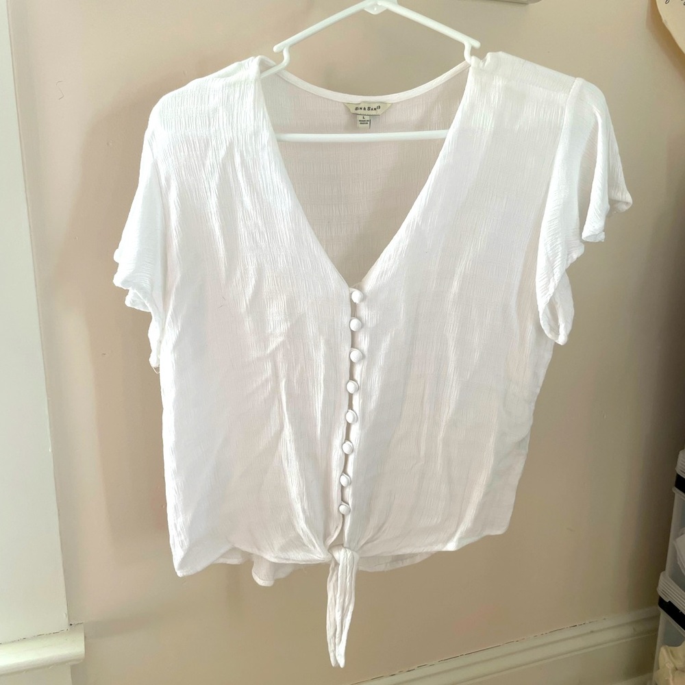 Sim & Sam White Button Tie Top, Ivory, Women’s Large